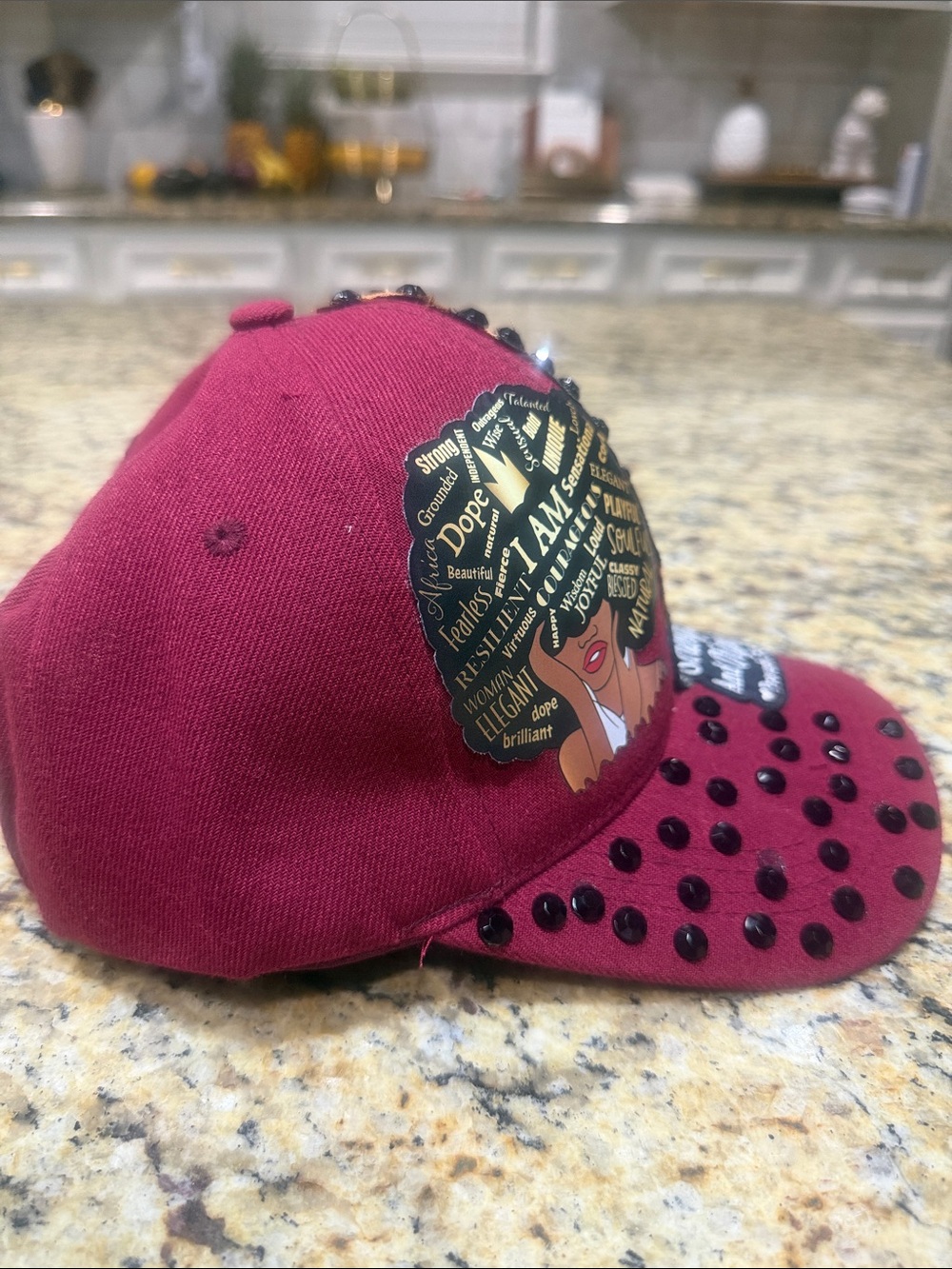 Women's Burgundy Embellished Baseball Cap with Leopard Accent - Picture 2 of 6